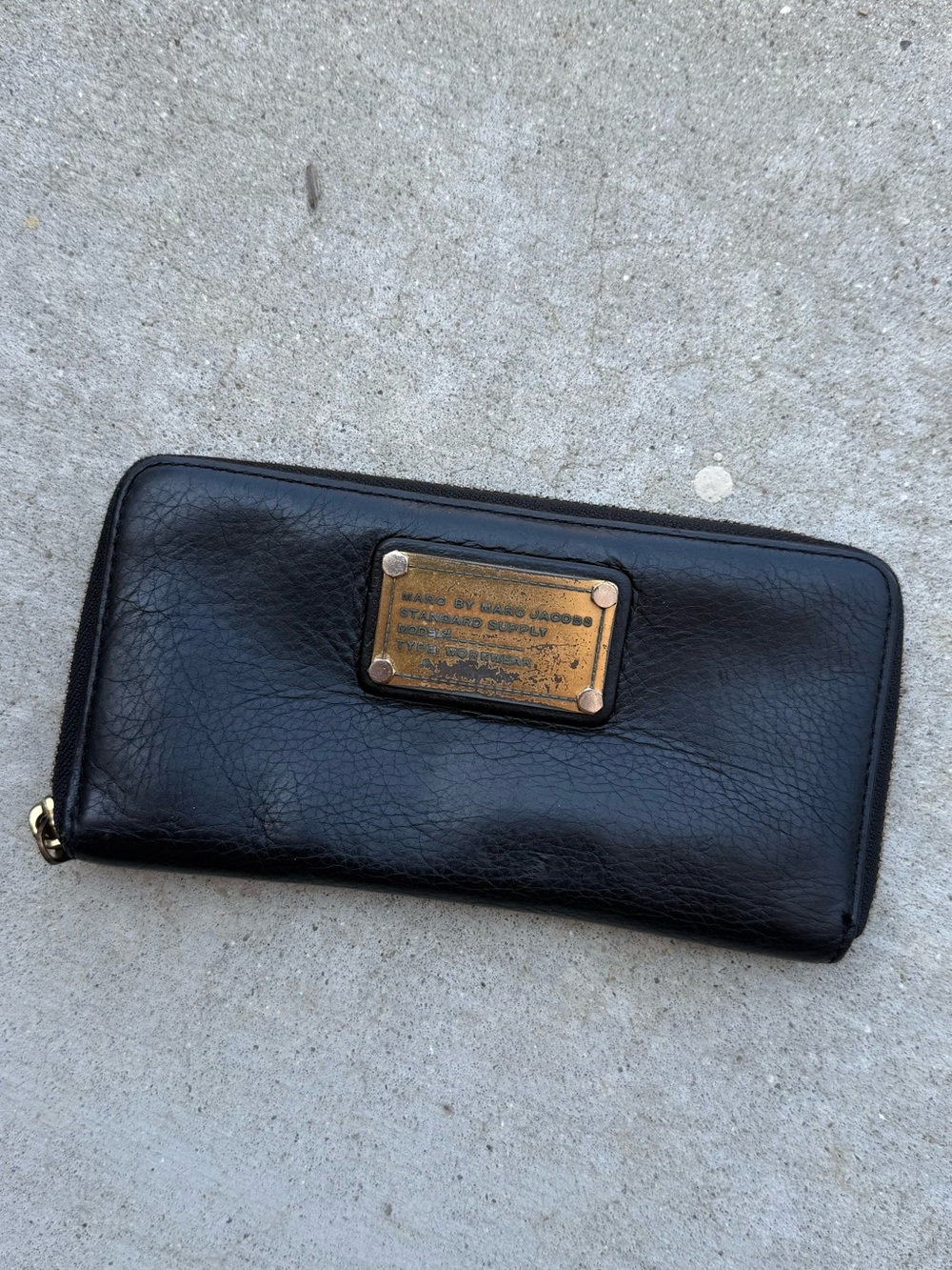 Marc by Marc Jacobs Black Leather Zip-Around Wallet with Gold Plaque